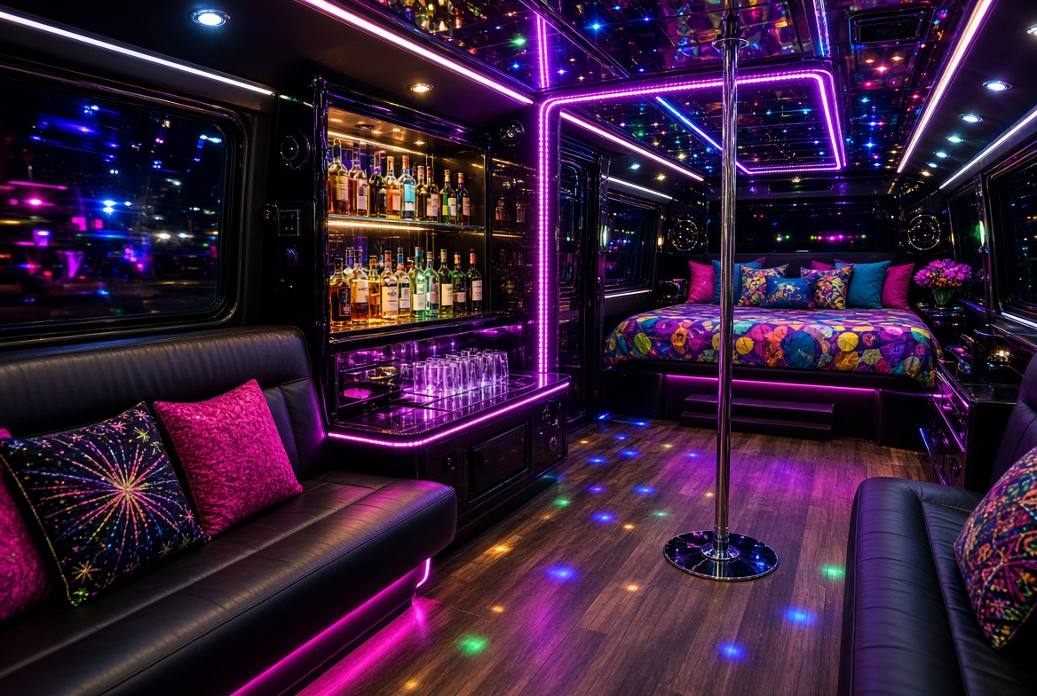 Front lounge: backlit bar, pole, galaxy ceiling